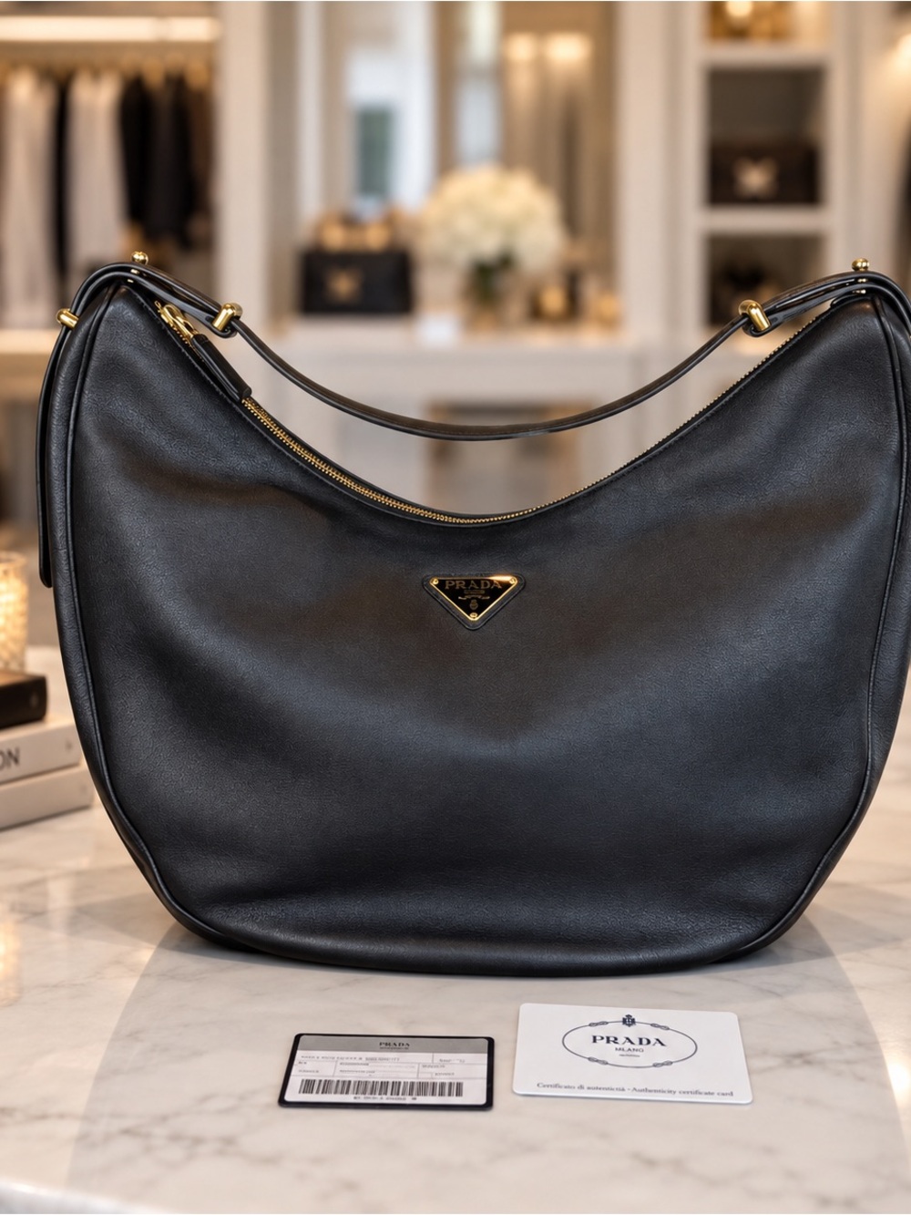 Prada Arqué Large Black Calfskin Leather Shoulder Hobo Bag Authentic NWOT